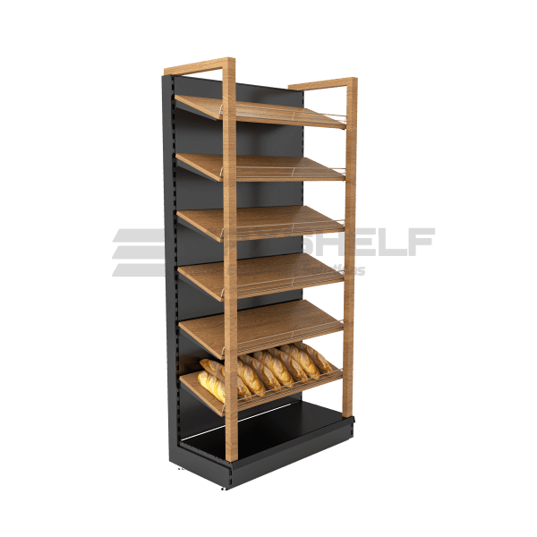 METAL BAKERY UNIT WITH COLUMN AND WOODEN SHELVES