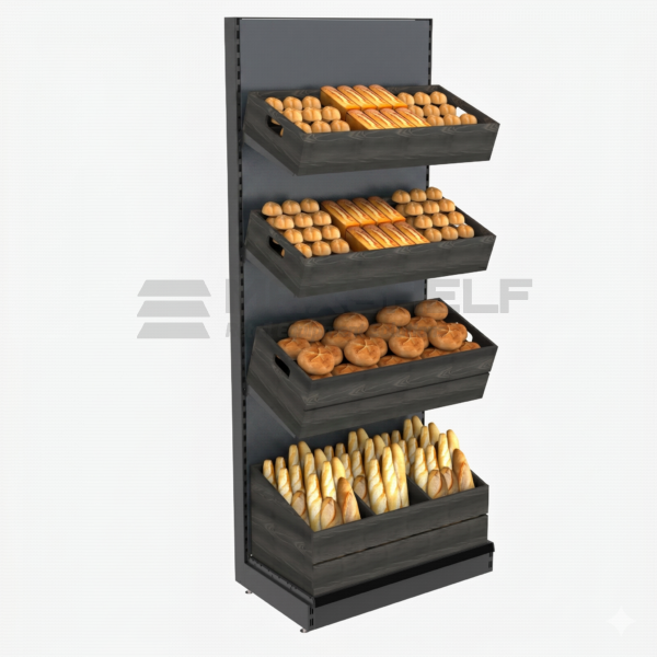 Natural Wood Bread & Bakery Display - Charcoal Black, 2100mm