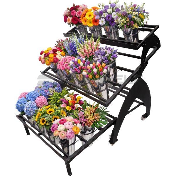 3-Tier Tilting Flower Display Stand – Black | W1205 × D790 × H1415mm