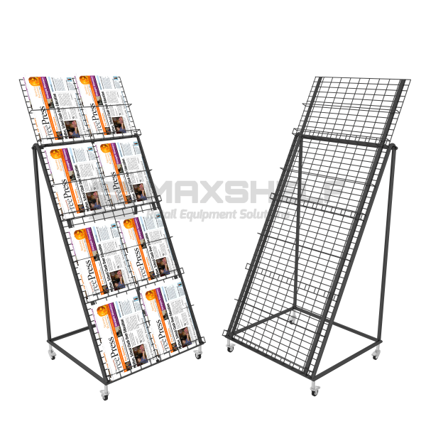 NEWSPAPER STAND 4 TIER ON CASTORS 8 TITLES BLACK