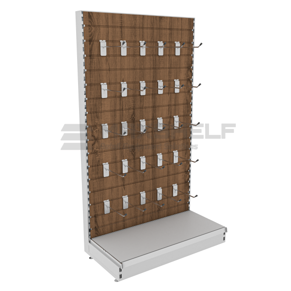Unit with wooden slatwall back panels