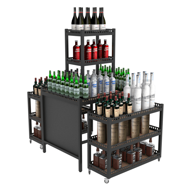 PROMOTIONAL DISPLAY WITH CUSTOMIZABLE SIDES, WHEELED SHELVES AND TOWER TOP.