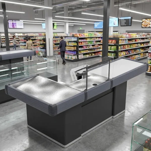 Retail Checkout Counter with Motorized Conveyor Belt Graphite
