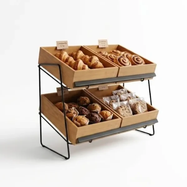 2 Tier Countertop Wooden Tray Display Stand | Rustic Fruit & Vegetable Merchandiser