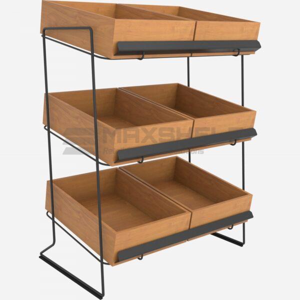 3 Tier Countertop Wooden Tray Display Stand | Rustic Fruit & Vegetable Merchandiser
