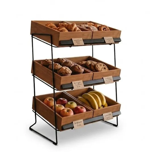 3 Tier Countertop Wooden Tray Display Stand | Rustic Fruit & Vegetable Merchandiser