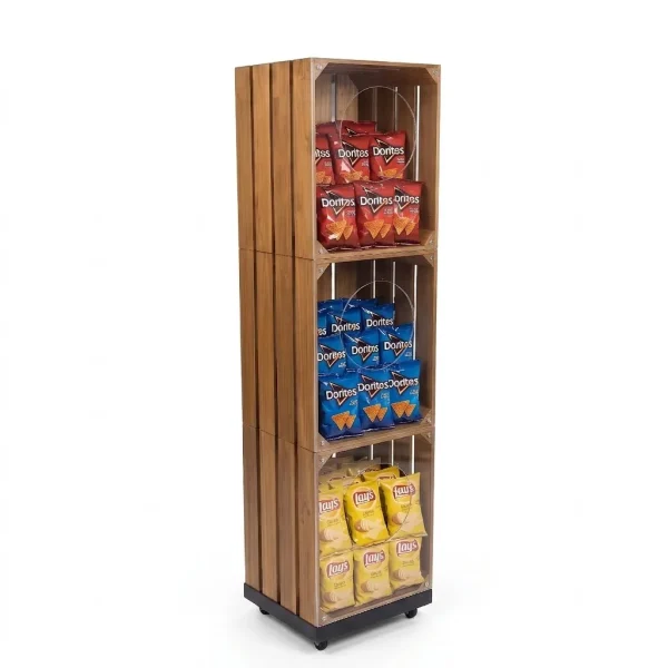 3 Tier Wooden Crisp Crate Display Stand with Castors