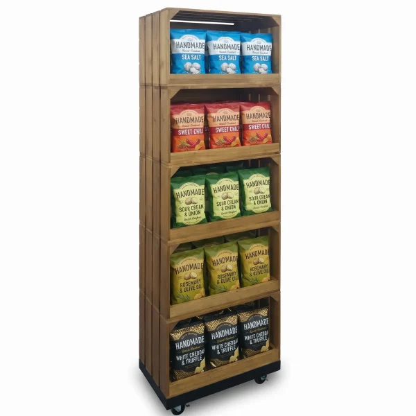 5 Tier Wooden Retail Crate Stand on Castors | Mobile Rustic Display Tower