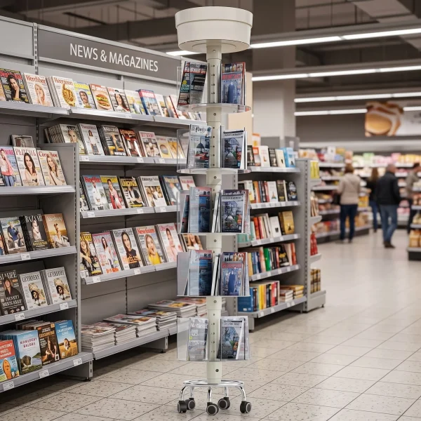 Spinning Acrylic Magazine Display – 5 Tier with Castors