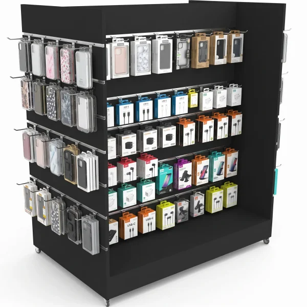 Wide Mobile Quad-Sided Slatwall Display Unit – Black