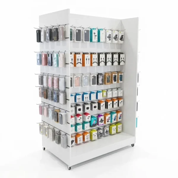Wide Mobile Quad-Sided Slatwall Display Unit – White