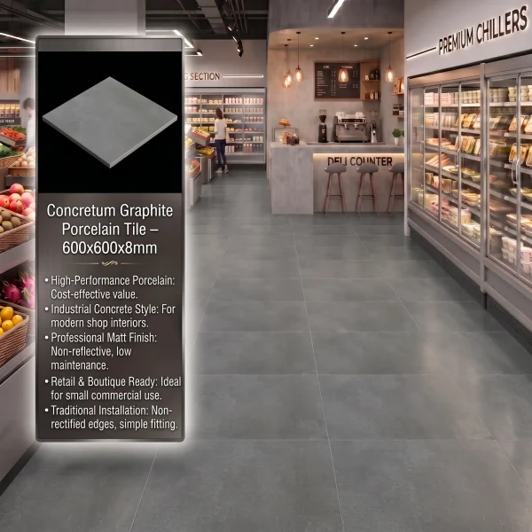 Concretum Graphite Porcelain Tile – 600x600x8mm (Non-Rectified)