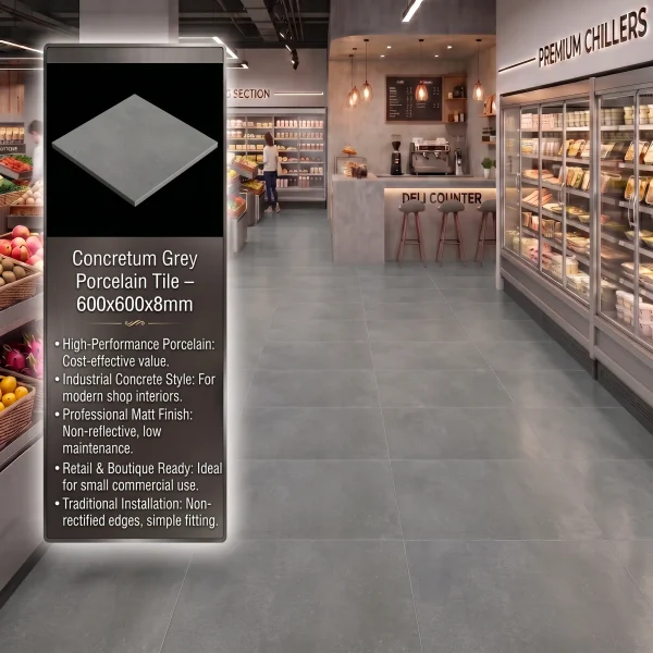 Concretum Grey Porcelain Tile – 600x600x8mm (Non-Rectified)