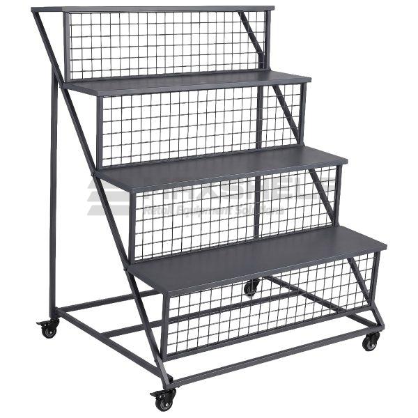 4-Tier Cascading Metal Step Display Stand with Lockable Castors – Flat Pack, W1250 x D1076 x H1430mm