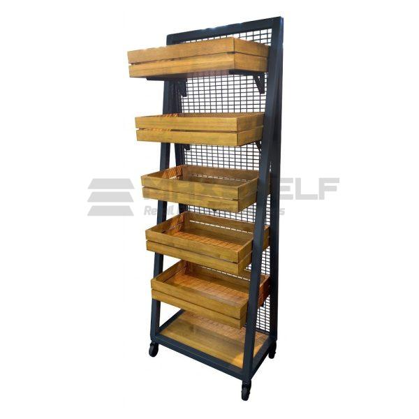 5-Tier Slatted Pine Crate Stand with Mesh Back Panel