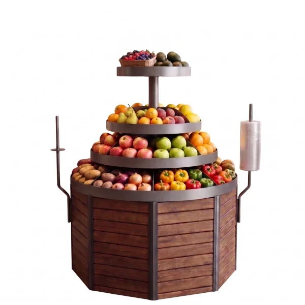 Four Step Riser Wooden Round Table Supermarket Fruit Display