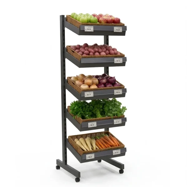 5-Tier Wicker Basket Stand on Castors – Artisan Produce & Bakery Display