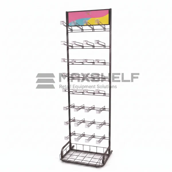 Black 7-Tier Hook Display Rack with Base Basket – H1900 × W600 × D400mm