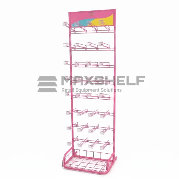 Pink 7-Tier Hook Display Rack with Base Basket – H1900 × W600 × D400mm