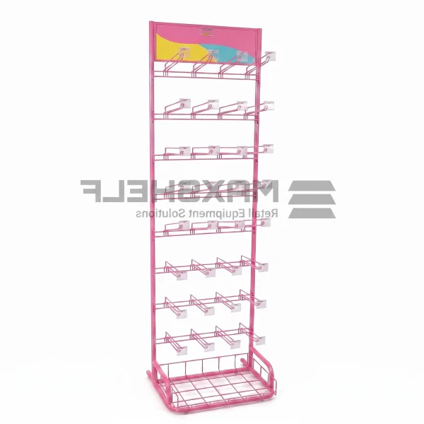 Pink 7-Tier Hook Display Rack with Base Basket – H1900 × W600 × D400mm