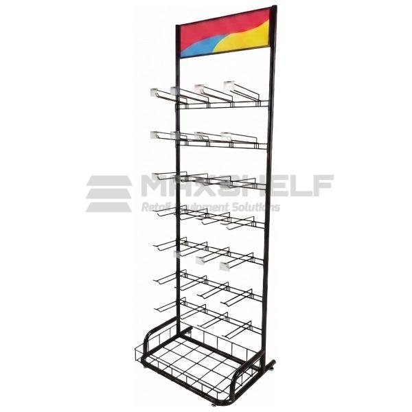 Black 7-Tier Hook Display Rack with Base Basket – H1900 × W600 × D400mm