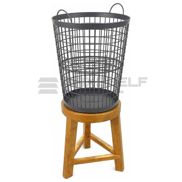 Wire Mesh Basket on Solid Pine Stool – Black | 2 Height Options | W375mm